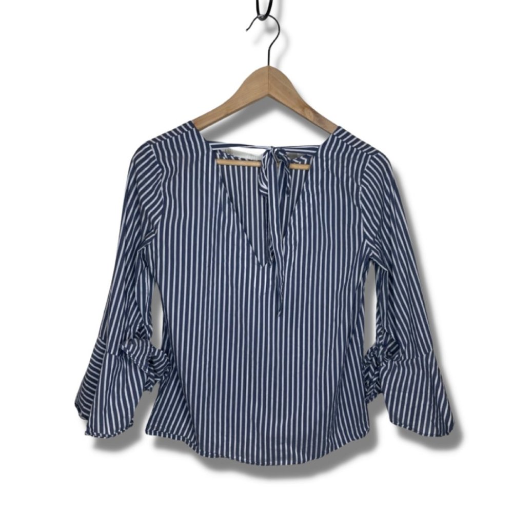 iZ Byer Womens Blue White Striped Bell Sleeve Boho Low Tie Back Shirt Top S - Picture 4 of 8